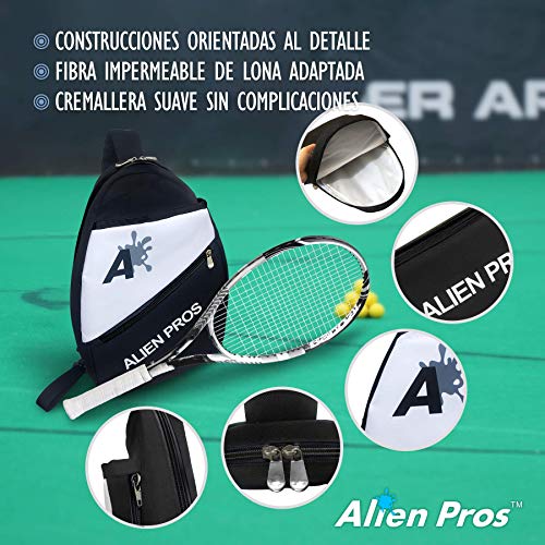 Alien Pros Mochila de Tenis Ligera para Raqueta y Accesorios, Estilo Bandolera, con Capacidad para Dos Raquetas, Mochila de Deporte Pequeña Unisex para Senderismo y Ciclismo (Negro)