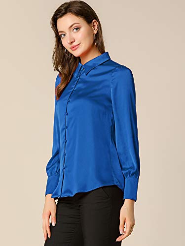 Allegra K Día de San Patricio Blusa Elegante De Manga Larga De Soplo Trabajo Botón Abajo Cuello Vuelto Camisa Clásica para Mujeres Azul Real L