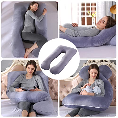 Almohada de embarazo, almohada de cuerpo completo con forma de U grande, 100% algodón con funda de terciopelo reemplazable y lavable para dormir y alimentar, 70 x 145 cm gris (Gris)