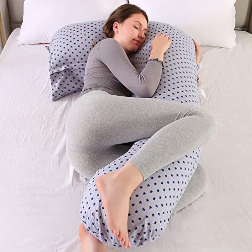 Almohada de Embarazo, Almohada Embarazada Dormir en Forma de J, Embarazo Almohada de Cuerpo Completo para Soporte de Vientre/Caderas/Piernas/Espalda, Extraíble Lavable (Estrellas Grises Retirable)