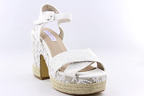 Alpargatas boda blancas Plataforma tacon. Sandalias Novia mujer esparto con encaje blanco y pala cruzada. Talla: 38