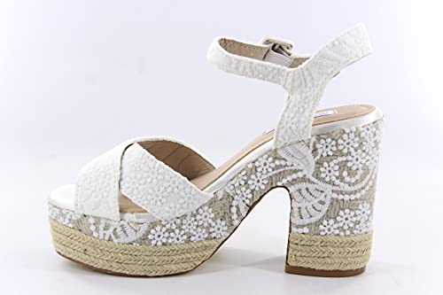 Alpargatas boda blancas Plataforma tacon. Sandalias Novia mujer esparto con encaje blanco y pala cruzada. Talla: 38