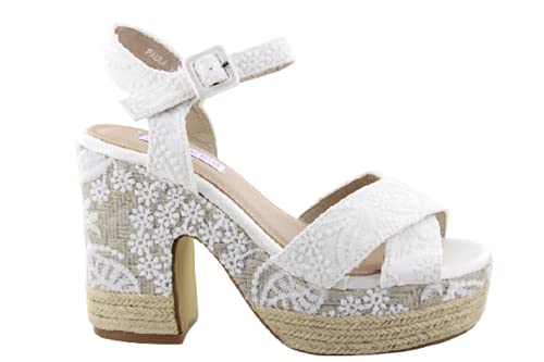 Alpargatas boda blancas Plataforma tacon. Sandalias Novia mujer esparto con encaje blanco y pala cruzada. Talla: 38