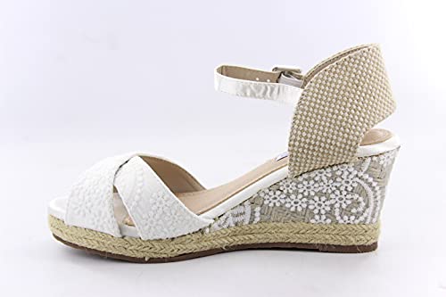 Alpargatas Novia blancas. Sandalias mujer cuñas esparto con encaje blanco. Cuña media con pala cruzada. Talla: 39