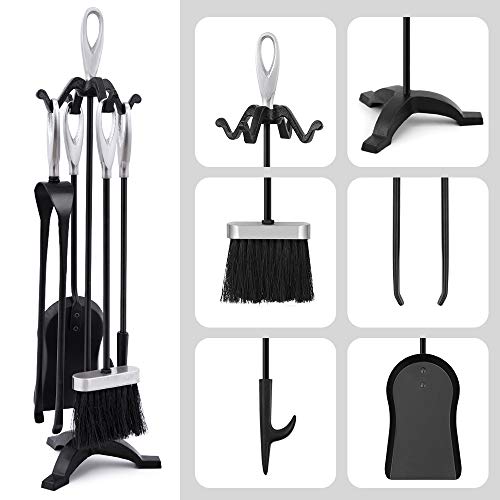 Amagabeli 5 Piezas 64cm Juegos de herramientas para chimenea Mango plateado Accesorios de chimenea de hierro forjado negro Soporte para leños de interior Fire Pit Tong Shovel Brush Poker