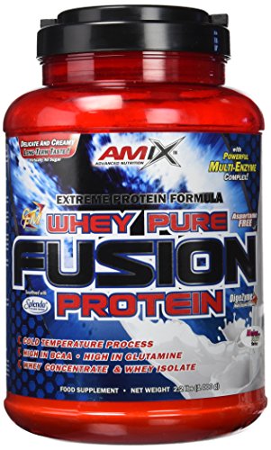 AMIX, Proteína Whey, Pure Fusión, Concentrado de Suero Ultra Filtrado, Sabor melón y yogurt, Proteínas para Aumentar Masa Muscula, Proteína Isolada con Splenda, Contiene L-glutamina , 1 Kg