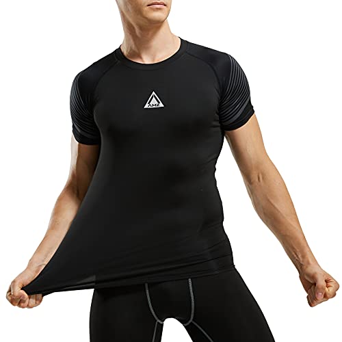 AMZSPORT Camiseta Compresión Hombre Ropa Deportive de Manga Corta para Running Ciclismo, Negro, L