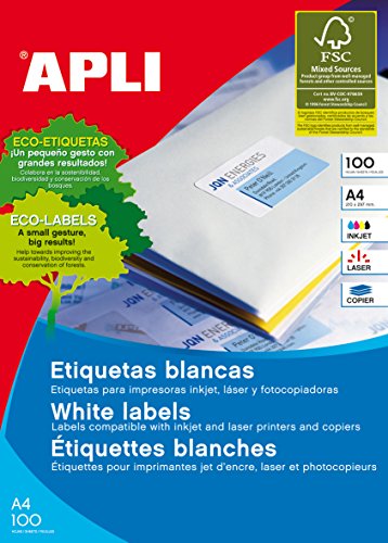 Apli Paper 1281 Etiquetas Adhesivas Blancas 100 h Inkjet Laser Copy 210,0X297,0 100H de Apli Paper S.A.U