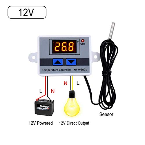 ARCELI Módulo Controlador de Temperatura LED Digital, Interruptor de termostato XH-W3001 con sonda Impermeable, termostato de enfriamiento de calefacción programable (12V 10A 120W)