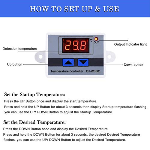 ARCELI Módulo Controlador de Temperatura LED Digital, Interruptor de termostato XH-W3001 con sonda Impermeable, termostato de enfriamiento de calefacción programable (12V 10A 120W)