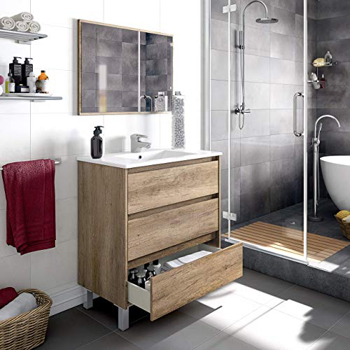 Arkitmobel Mueble De Baño con 3 Cajones Y Espejo, Modulo Lavabo, Modelo Dakota + Columna De Baño Suspendido 2 Puertas, Mueble Lavabo, Modelo Dakota