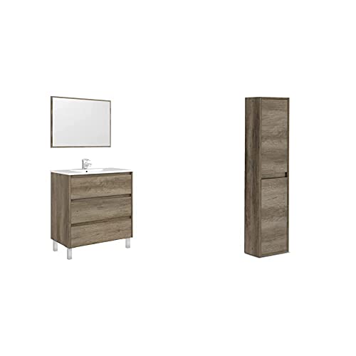 Arkitmobel Mueble De Baño con 3 Cajones Y Espejo, Modulo Lavabo, Modelo Dakota + Columna De Baño Suspendido 2 Puertas, Mueble Lavabo, Modelo Dakota