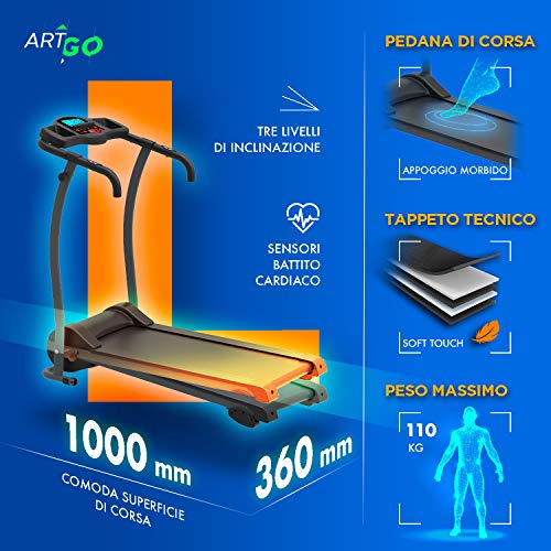 ArtGo Cinta De Correr Plegable Leonardo 12 km/h, Bluetooth Aplicación KINOMAP y ZWIFT Video Entrenamiento y Multijugador, 12 Programas, Pulsómetro, 3 Niveles Inclinación, Titular Tableta (3.0HP Pico)