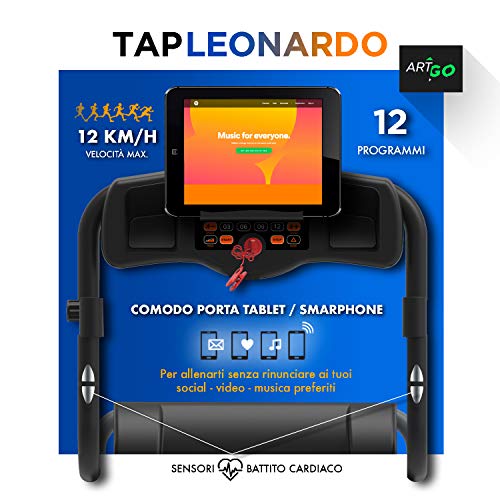 ArtGo Cinta De Correr Plegable Leonardo 12 km/h, Bluetooth Aplicación KINOMAP y ZWIFT Video Entrenamiento y Multijugador, 12 Programas, Pulsómetro, 3 Niveles Inclinación, Titular Tableta (3.0HP Pico)