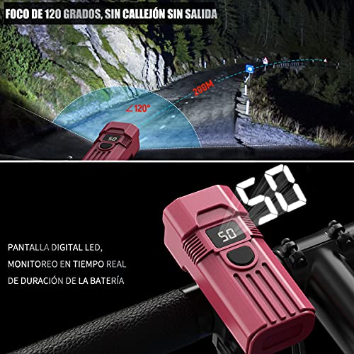 ASUNND Luces Bicicleta Kit, Luz Bicicleta Recargable USB, Luz Delantera y Luz Trasera LED Bicicleta, Realmente alcanzó 2000 lúmenes, Luz de Bicicleta de montaña roja de Cuatro lámparas