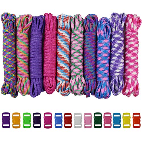 aufodara Kits de Paracord 100 pies 10 Colores Cuerda de Paracaídas con 14 Color Hebilla para el Aire Libre, Camping, Trenzar Pulseras, Llavero y Collar Perro (C-24PCS)