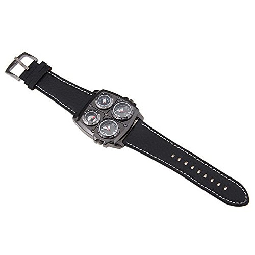 Avaner Reloj de Pulsera Grande Punky Militar Deportivo para Hombres, Brújula y Termómetro Decorativos Ancha Correa de Cuero Negro, Friki Reloj de Piloto 2 Zona de Horarios, Regalos dia del padre origi