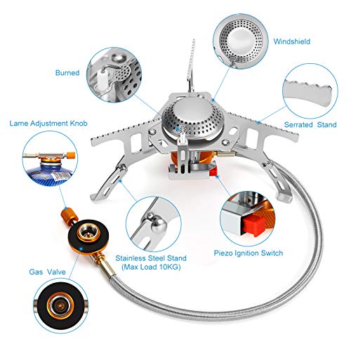 Awroutdoor Estufa de Camping, 3500W Mini Estufa Plegable de Acero con Encendido piezoeléctrico, Mini Estufa de Gas Ultraligera y Duradera/Picnic/mochilero/Senderismo
