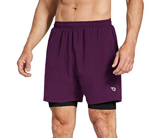 BALEAF Pantalones cortos deportivos 2 en 1 para hombre de 5 pulgadas de secado rápido con forro y bolsillo con cremallera, suave, S, Púrpura/Negro