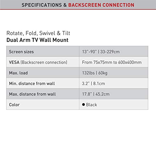 Barkan Soporte de Pared Largo para TV, 13 - 90 Pulgadas, Doble Brazo articulado de Movimiento Completo, 4 Movimientos Planos/curvos, soporta hasta 60 kg, Extra Estable, Compatible con LED OLED LCD