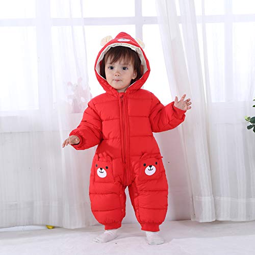 Bebé Mamelucos con Capucha Invierno Outfits Niñas Niños Manga Larga Ropa Traje de Nieve Monos Regalos 18-24 Meses,Rojo