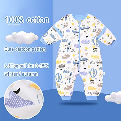 Bebé Saco de Dormir con Piernas Invierno Algodón Pijama Dividida Manga Cálido Mamelucos Dibujos Animados Mono Niños Niñas 4-6 años 3.5Tog Avion azul