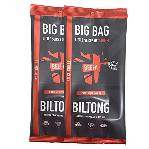 BEEFit Snacks Bolsa de 500g (2x250g) de Chile Biltong, alto en proteínas, saludable, bajo en azúcar, Carne seca, Beef Jerky