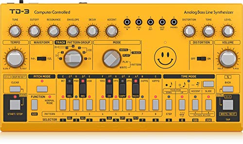 Behringer TD-3-AM - Sintetizador de línea de bajo analógico, con VCO, VCF, secuenciador de 16 pasos, efectos de distorsión y polifonía de 16 voces