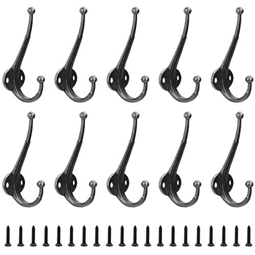 BELLE VOUS Ganchos Colgadores de Pared Zinc Negro Antiguo para Abrigos y Sombreros (Pack de 10) Gancho Colgador Doble Metal Resistente Colgadores para Ropa, Bolso, Garaje, Escolar, Cocina