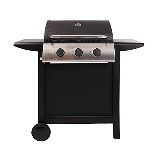 Beneffito LOFOTEN - Barbacoa de Gas para Exterior 3 quemadores de 8,4 KW sobre Ruedas con Tapa, 2 Parrillas de Acero Cromado, 2 estantes Laterales, 1 Bandeja Baja y termómetro - Negro