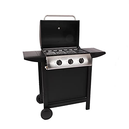 Beneffito LOFOTEN - Barbacoa de Gas para Exterior 3 quemadores de 8,4 KW sobre Ruedas con Tapa, 2 Parrillas de Acero Cromado, 2 estantes Laterales, 1 Bandeja Baja y termómetro - Negro