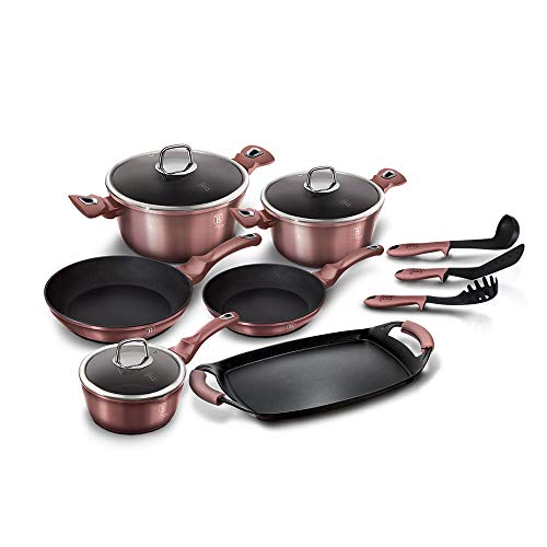 Berlinger Haus I-Rose Batería Cocina Inducción 12 Piezas, Antiadherente Titanio sin PFOA, Aluminio, Set 2 Cazuelas, 3 Tapas Cristal, 1 Cazo, 1 Plancha, 2 Sartenes, 3 Utensilios, Diseño Moderno, Vitro