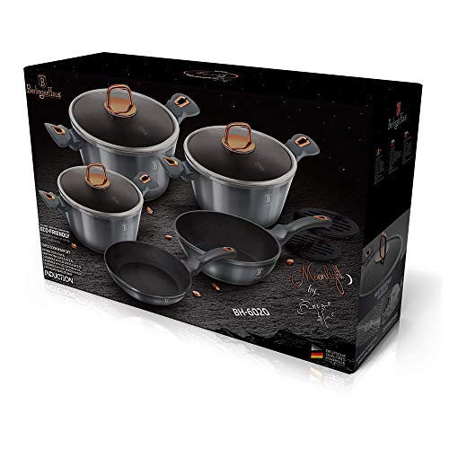 Berlinger Haus Moonlight Batería Cocina Inducción 10 Piezas, Antiadherente Titanio sin PFOA, Aluminio, Set 3 Cazuelas, 3 Tapas Cristal, 2 Sartenes, 2 Salva Manteles, Diseño Moderno, Vitrocerámica