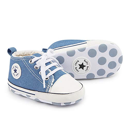 BiBeGoi Zapatillas de lona para bebés y niñas, con cordones, para recién nacidos, primeros caminantes, zapatos para cuna, A01 Little Blue With Fleece, 6-12 meses