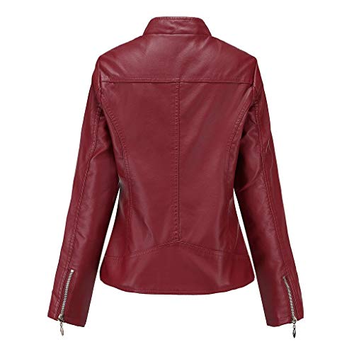 Binggong - Chaqueta bomber de piel para mujer, con cuello alto, chaqueta de motociclista de piel sintética, casual, chaqueta de entretiempo large Red1