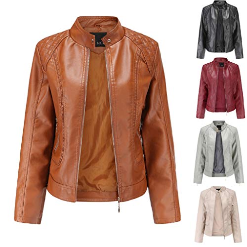 Binggong - Chaqueta bomber de piel para mujer, con cuello alto, chaqueta de motociclista de piel sintética, casual, chaqueta de entretiempo large Red1