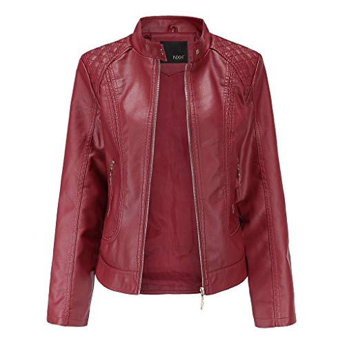 Binggong - Chaqueta bomber de piel para mujer, con cuello alto, chaqueta de motociclista de piel sintética, casual, chaqueta de entretiempo large Red1