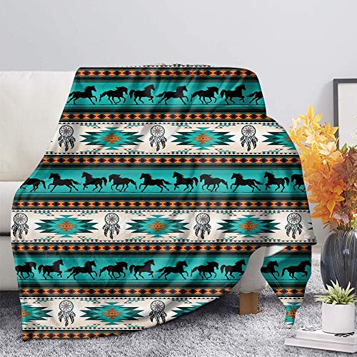 Binienty Manta de cama suave y duradera para niños y adultos, estilo navajo azteca caballo atrapasueños patrón manta polar, color turquesa