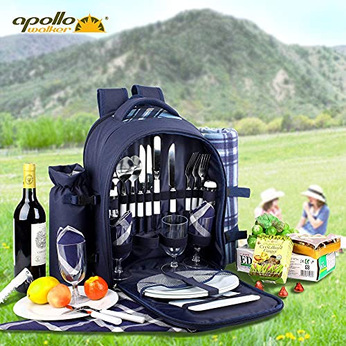 BITOWAT Mochila de Picnic Set para 4 Personas con Compartimento Térmico Grande, Soporte para Vino, Manta de Forro Polar, Juego de Cubiertos, Familiar Outdoor Camping (Azul)