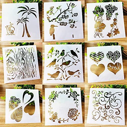 BLUGUL Plantillas de Dibujo, para Scrapbooking, Manualidades, DIY, Album de Fotos, Cuaderno, Diario, Corazón Flor Planta Pájaro, Naturaleza B 9pcs