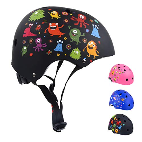 BOLDCUBE Casco Infantil - Ligero, Ajustable y Ventilado - para Niños de 3-8 y 6-10 Años - para Patinar Bicicleta Monopatín BMX (Fiesta Monstruo, 50-54cm (S))