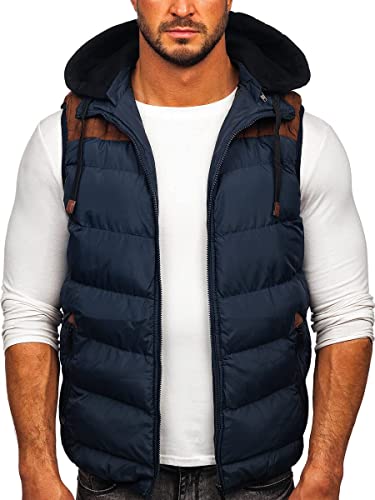 BOLF Hombre Chaleco acolchado con Capucha Cierre de Cremallera Chaqueta sin Manga Cazadora Plumifero Jacket Jogging Zip Outdoor Estilo Deportivo B5382 Azul Oscuro M [1U1]