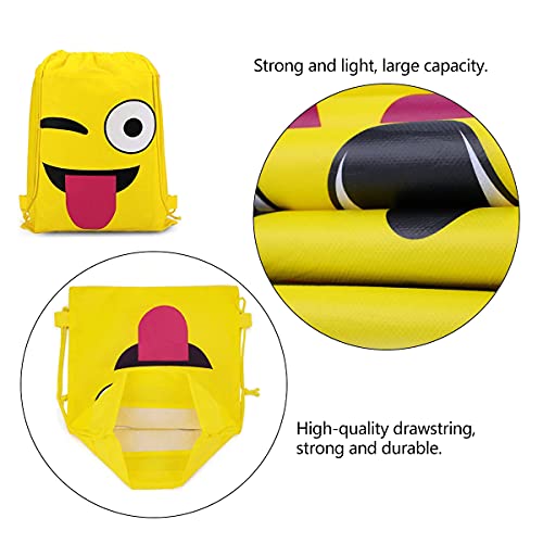 Bolsas de Cuerdas Dibujos,RoadLoo 16 Piezas Emoji Bolsas de Cuerdas Mochilas Amarillo Bolsas Regalo Cumpleaños Deporte Gimnasio Backpack para niños Niñas Fiesta de cumpleaños favores Decoraciones