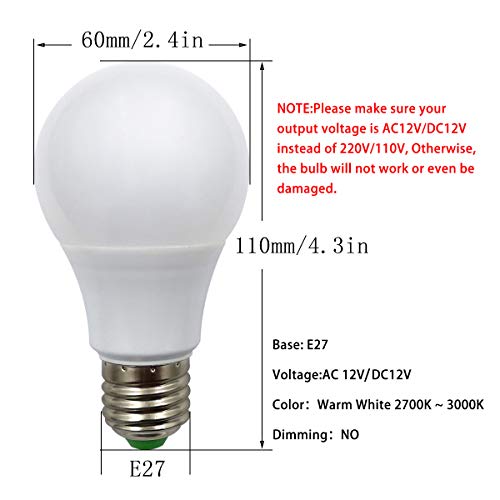 Bombilla LED de Edison de 5W E27 equivalente a 50 W A60 ES Globo Lámpara, Base E27 12V de Bajo Voltaje, ideal Para Iluminación Solar Fuera de la red, Barco y RV Blanco Cálido 2700K – Paquete de 3