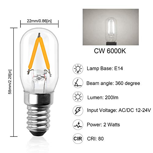 Bonlux Bombilla 12 V-24 V LED E14 Luz Fría, T22 Bombilla tubular Vintage, 2 W Igual incandescencia 20 W, Bombilla Frigorífico LED Luz blanca fría 6000 K, E14 Candelabra Base, Pack de 2