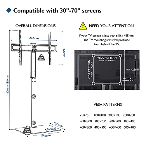 BONTEC Soporte TV Pie Soporte Suelo para Televisores Curvos Planos de Plasma OLED LCD LED de 30-70 Pulgadas, Soporte de TV Alto Ajustable en Altura con Soportes de hasta 40 kg, VESA Máximo 600x400 mm