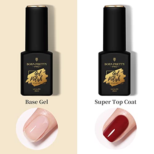 BORN PRETTY Top Coat Gel UV Set, 15ml Shellac Base y Top Coat Set UV Base Coat Esmalte de uñas No Wipe Base y Super Top Coat Acabado brillante Para bricolaje y salones de uñas 2 botellas