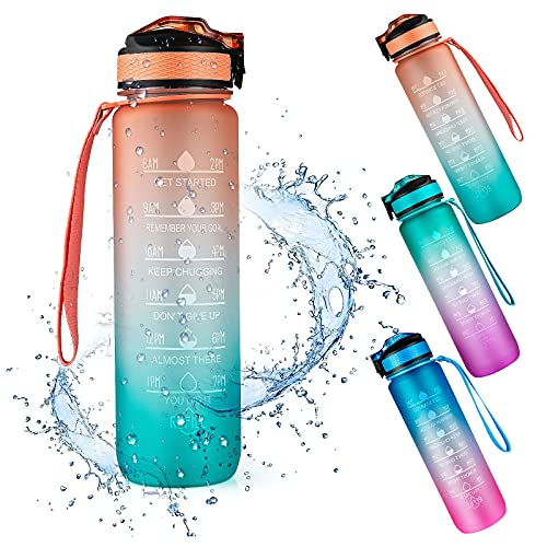 Botella de Agua Deportiva, Weinsamkeit 1000ML Botella Agua Tritan sin BPA con Marcador de Tiempo Motivacional, 1 Litro Water Bottle para Gimnasio, Entrenamiento, Viajes, Oficina, Escuela (Orange)