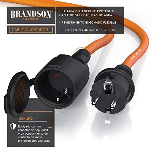 Brandson - Cable alargador Schuko 20m para Exteriores - MAX 3500 W - IP44 - Enchufe con Tapa Protectora - Cobre Revestimiento Flexible de Goma - Resistente a Lluvia Impactos, aceites, UV