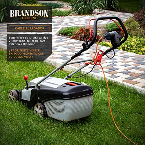 Brandson - Cable alargador Schuko 20m para Exteriores - MAX 3500 W - IP44 - Enchufe con Tapa Protectora - Cobre Revestimiento Flexible de Goma - Resistente a Lluvia Impactos, aceites, UV